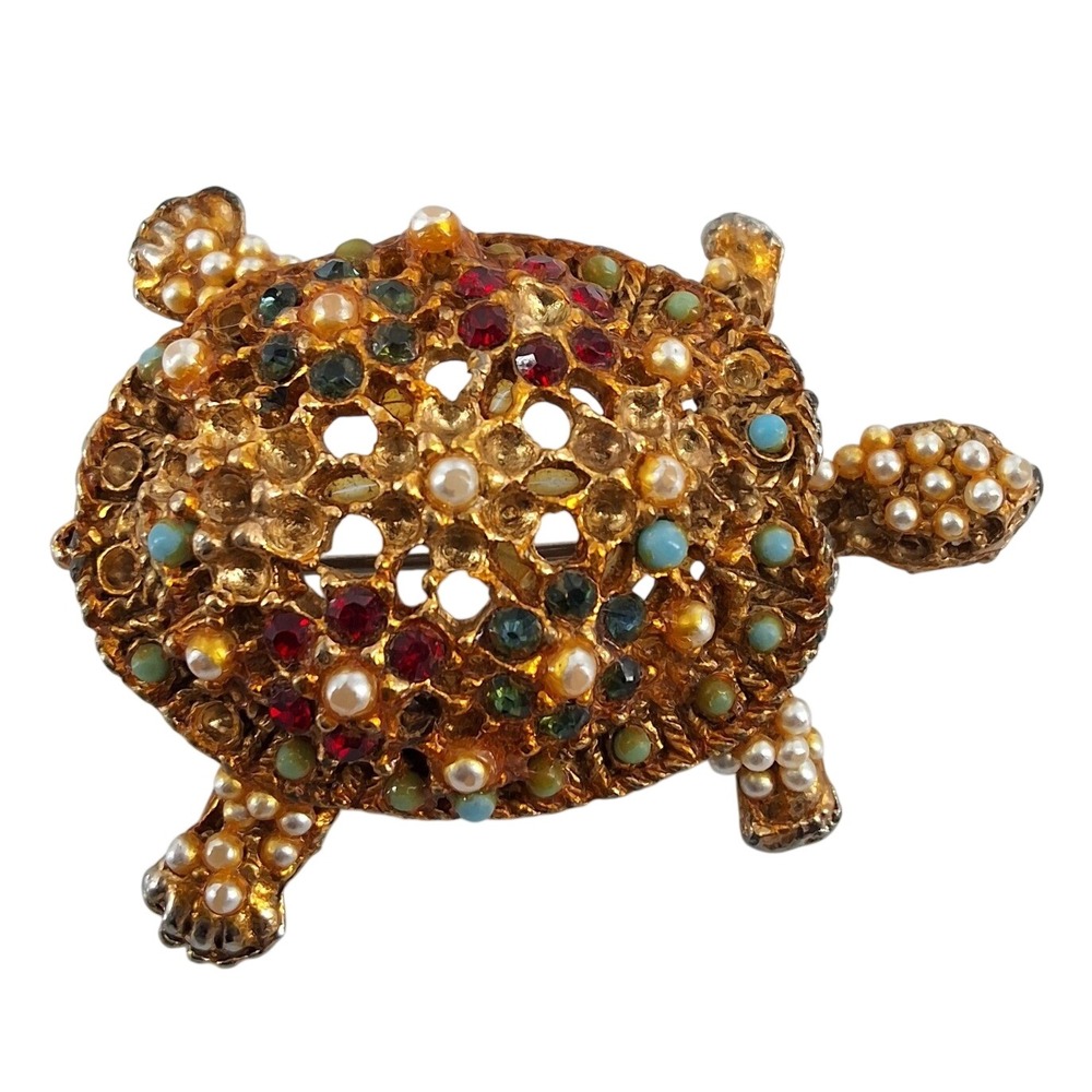 Vintage Gold Tone Turtle Brooch Rhinestone Faux Pearl Figural Pin